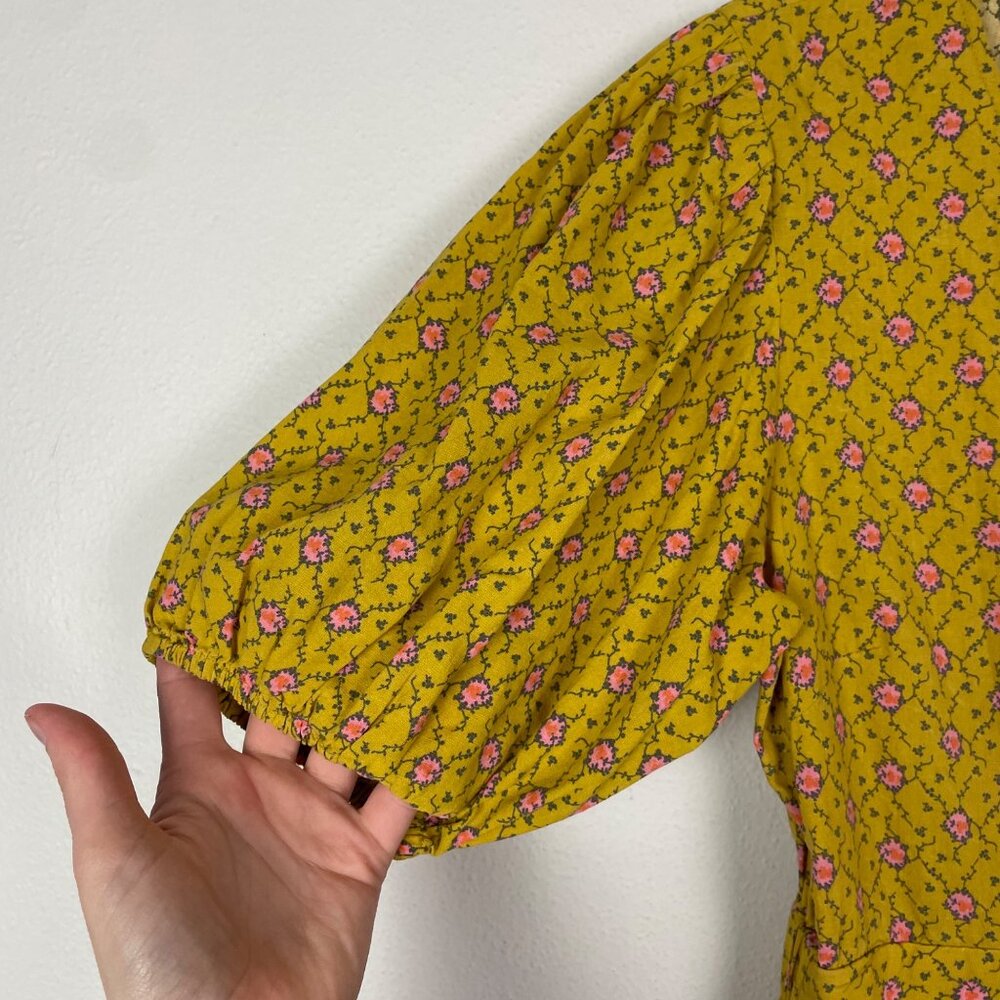 Frnch Paris Yellow Floral Wrap Midi Dress S V-Neck Puff Sleeves Cinch Waist Tie - Picture 4 of 10